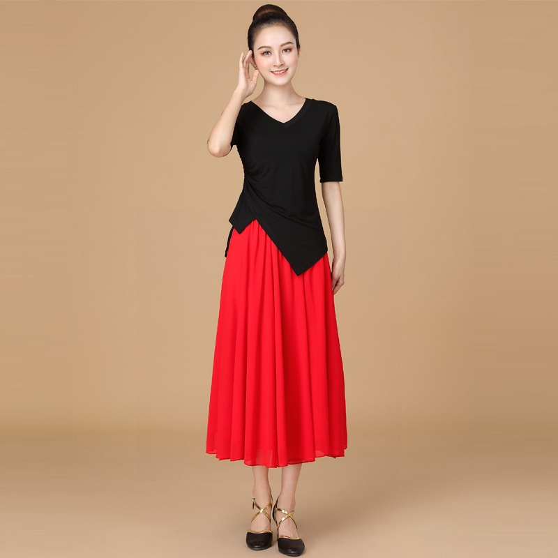 Costum de dans pătrate din țesătură modală, fustă cu volan mare, pentru femei adulte