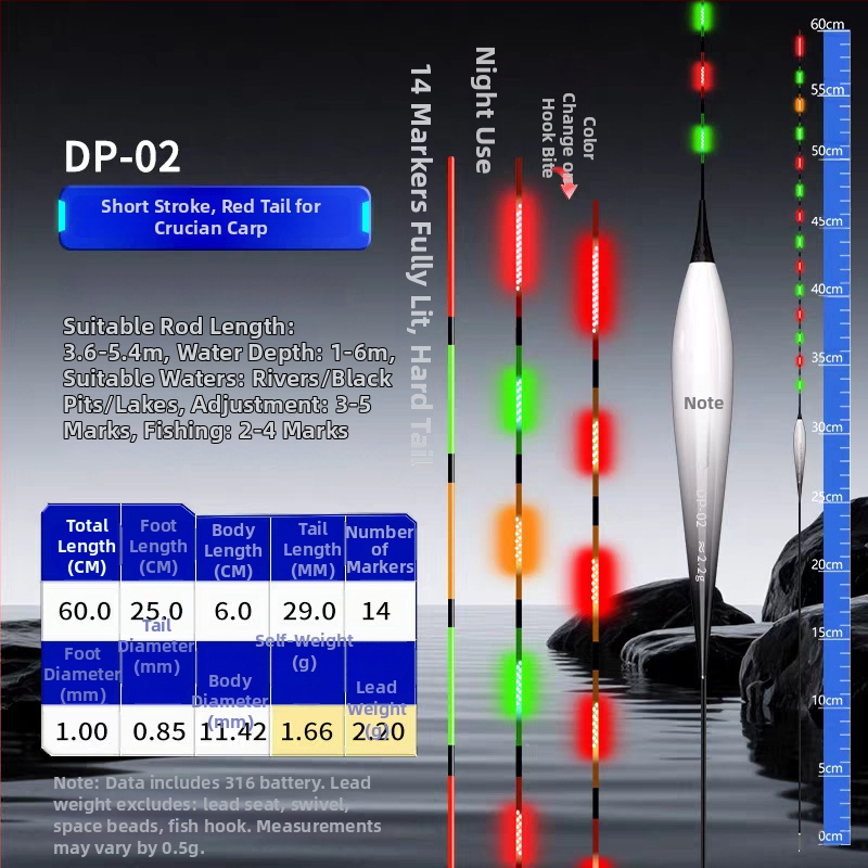 Plută de pescuit pentru drift vertical, material Nano, iluminare LED, utilizare zi-noapte, indicator de mușcă cu schimbare de culoare