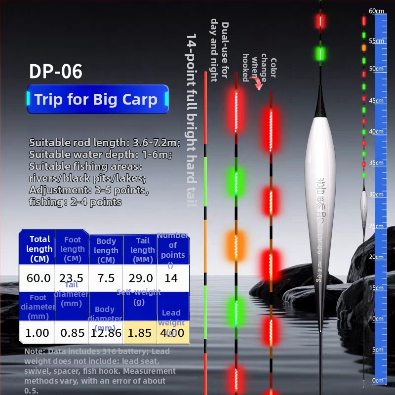 Plută de pescuit pentru drift vertical, material Nano, iluminare LED, utilizare zi-noapte, indicator de mușcă cu schimbare de culoare