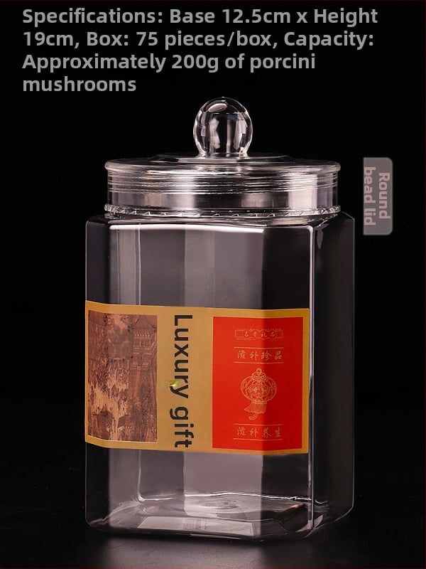 Хранителен пластмасов буркан с кръгъл топчест капак за портокалова кора, Fish Maw и манатарки, подхранващи билки; PET материал, с капак, персонализируем; капацитет: 1219, 1216, 1523, 1220.