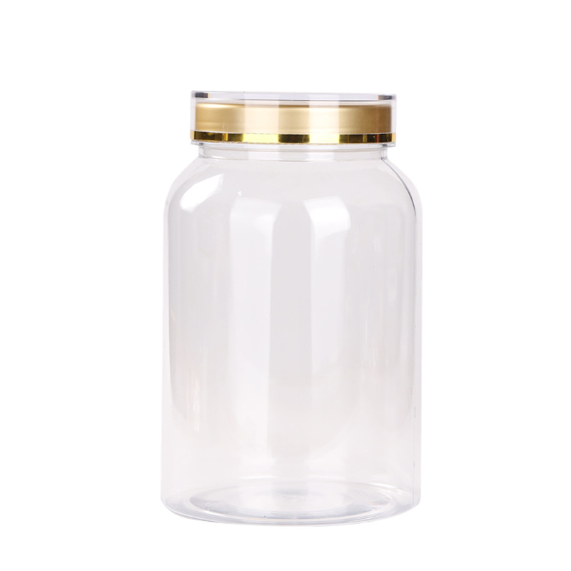 Пластмасов PET буркан за здравословни продукти с двойно златно капаче, хранителен клас контейнер за споров прах и американски женшен; отпечатване на лого налично; капацитет 800-1650 ml