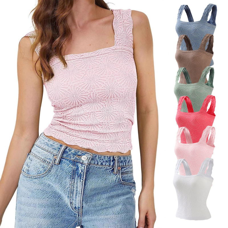 Yoga top s naramenicama, jacquard uzorak, četvrtasti izrez, bez rukava, fitness top za jogu, najlon tkanina, sadržaj 90%, brzo suši, prozračan, duljina 43–49 cm