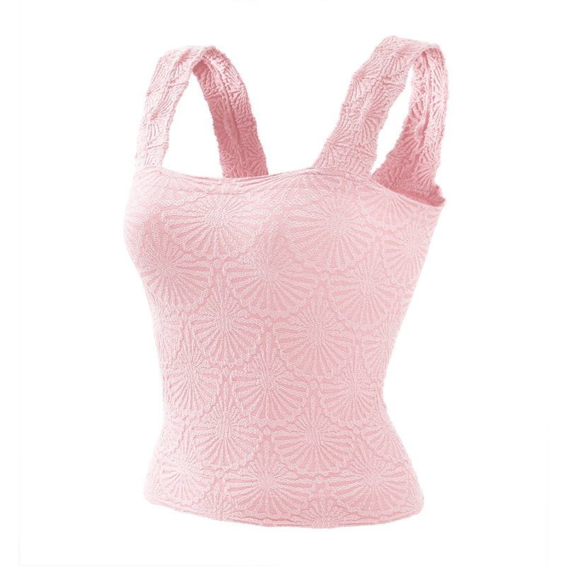 Yoga top s naramenicama, jacquard uzorak, četvrtasti izrez, bez rukava, fitness top za jogu, najlon tkanina, sadržaj 90%, brzo suši, prozračan, duljina 43–49 cm
