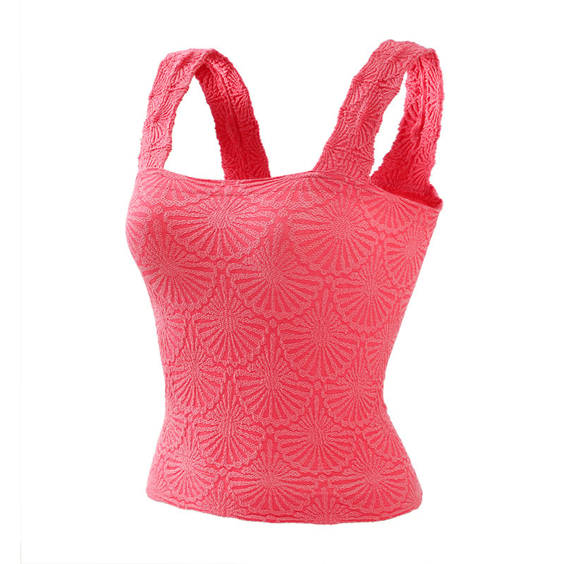 Yoga top s naramenicama, jacquard uzorak, četvrtasti izrez, bez rukava, fitness top za jogu, najlon tkanina, sadržaj 90%, brzo suši, prozračan, duljina 43–49 cm