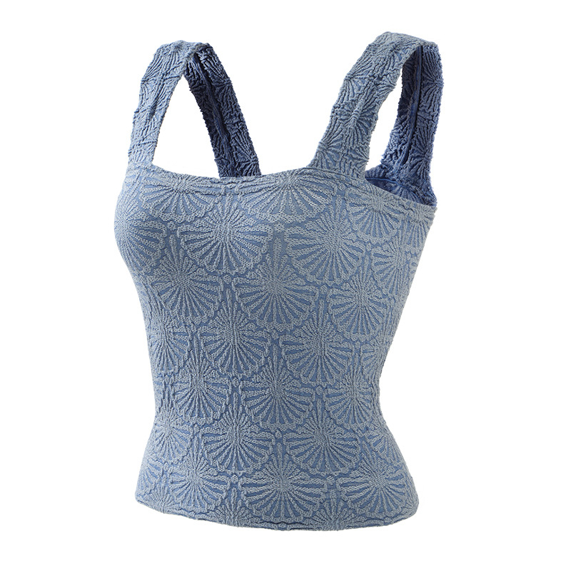 Yoga top s naramenicama, jacquard uzorak, četvrtasti izrez, bez rukava, fitness top za jogu, najlon tkanina, sadržaj 90%, brzo suši, prozračan, duljina 43–49 cm