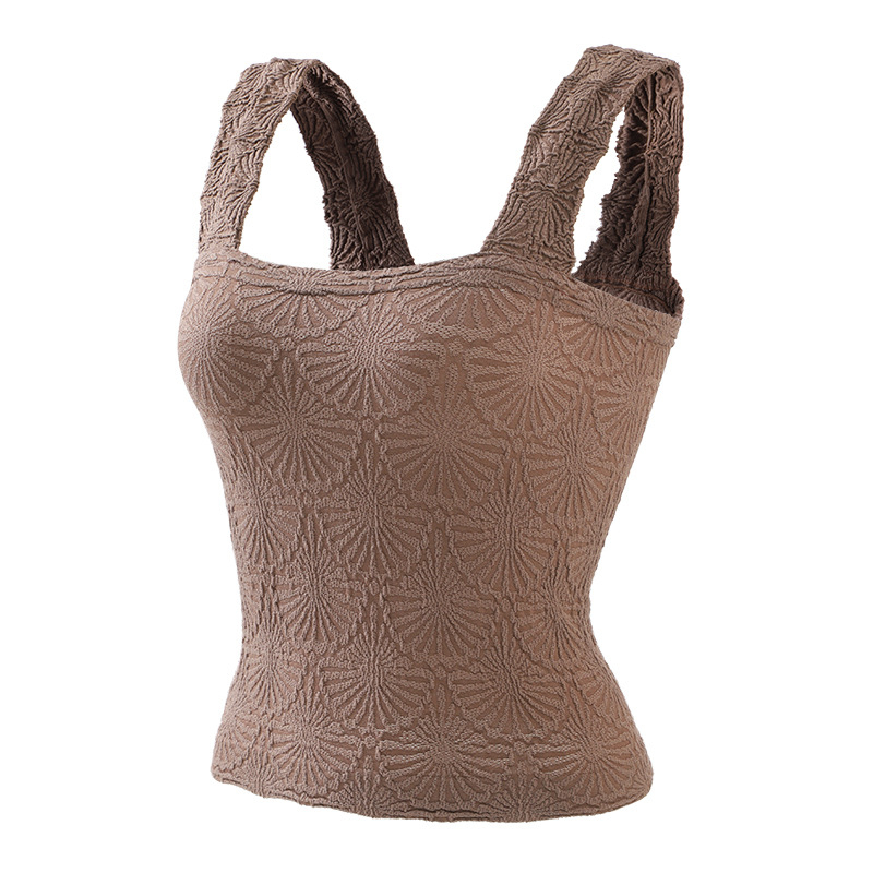 Yoga top s naramenicama, jacquard uzorak, četvrtasti izrez, bez rukava, fitness top za jogu, najlon tkanina, sadržaj 90%, brzo suši, prozračan, duljina 43–49 cm
