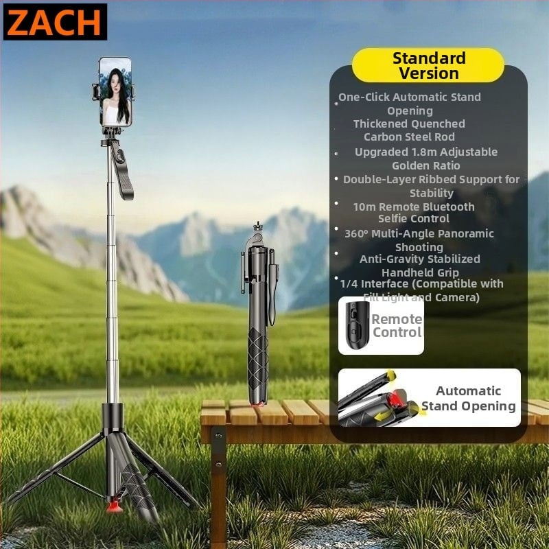 ZACH Подова стойка за телефон с Bluetooth, поп-изтеглящ се селфи стика и стабилизатор за снимане и лайв, осветление, универсална съвместимост