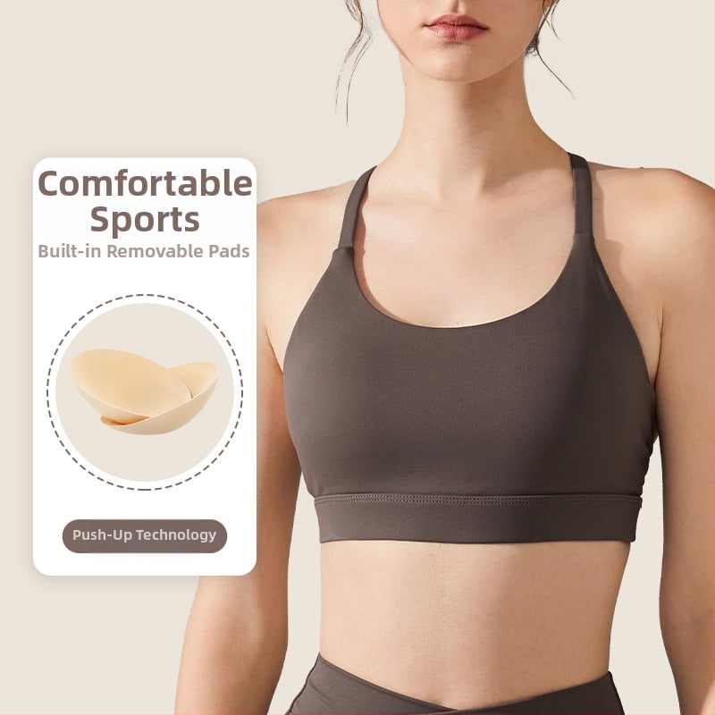 Sportski grudnjak s oblikovanim punim čašicama i umetnutim ulošcima, glavni materijal Nylon 81%, podstava Spandex 19%, fiksne dvostruke naramenice, dizajn jastučića za prsni koš