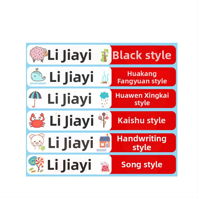 Naljepnice s imenima za vrtić i osnovnu školu, karikaturalan dizajn, prozirne samoljepljive vodootporne naljepnice s ručnim pisanjem, veličina 11x46 mm