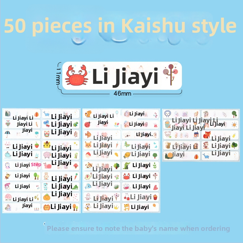 Naljepnice s imenima za vrtić i osnovnu školu, karikaturalan dizajn, prozirne samoljepljive vodootporne naljepnice s ručnim pisanjem, veličina 11x46 mm