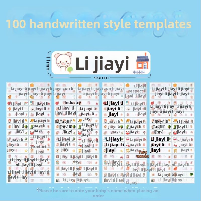 Naljepnice s imenima za vrtić i osnovnu školu, karikaturalan dizajn, prozirne samoljepljive vodootporne naljepnice s ručnim pisanjem, veličina 11x46 mm