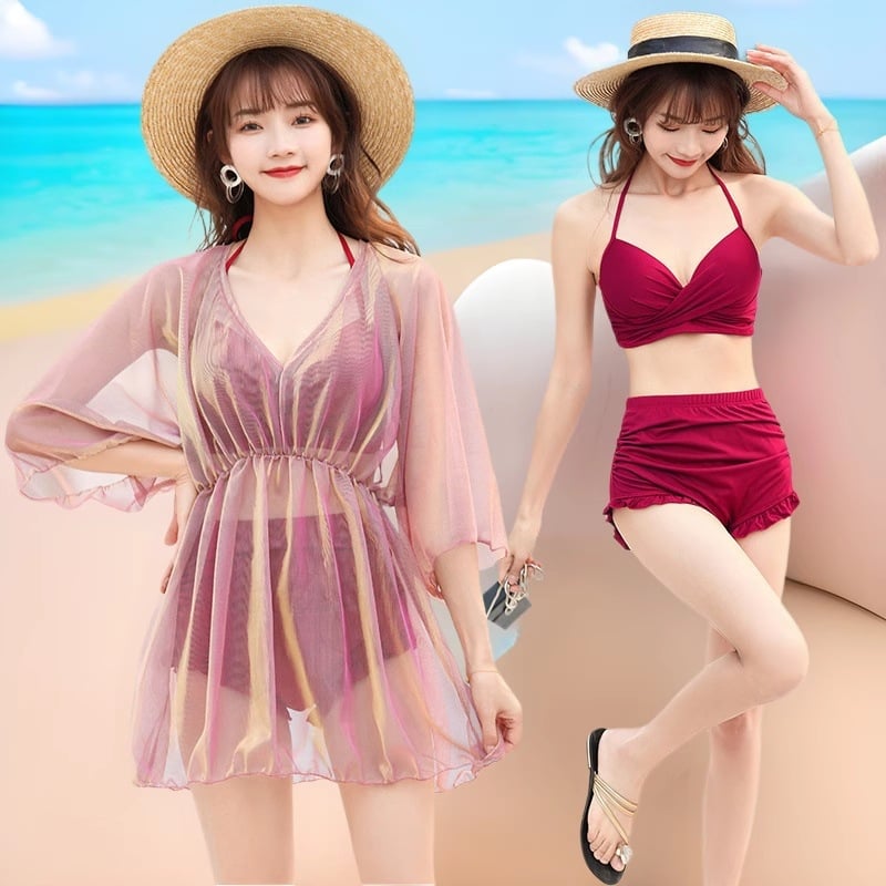 Дамски бански за големи размери, три части с разделена пола и покритие на корема, горнище с подплънки