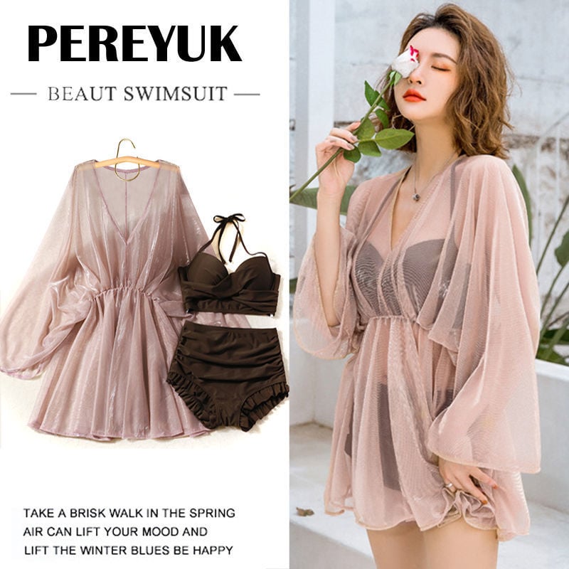 Дамски бански за големи размери, три части с разделена пола и покритие на корема, горнище с подплънки