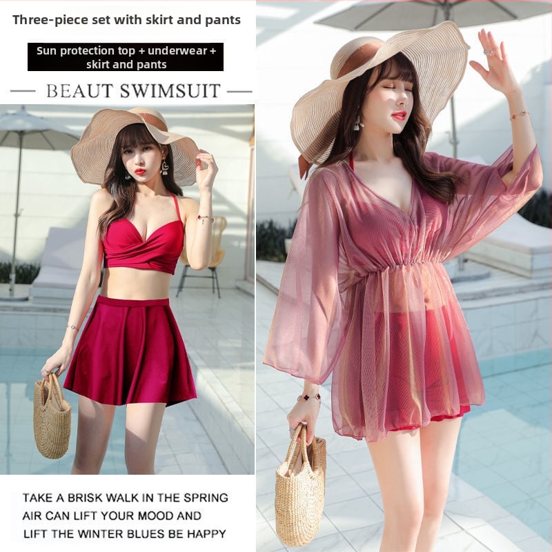 Дамски бански за големи размери, три части с разделена пола и покритие на корема, горнище с подплънки