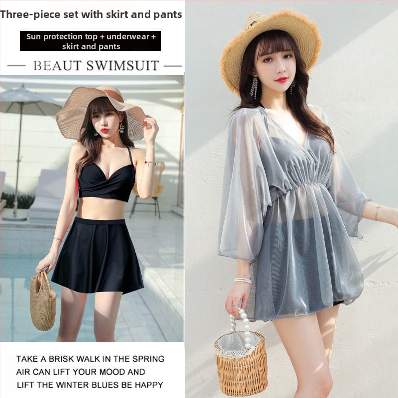 Дамски бански за големи размери, три части с разделена пола и покритие на корема, горнище с подплънки