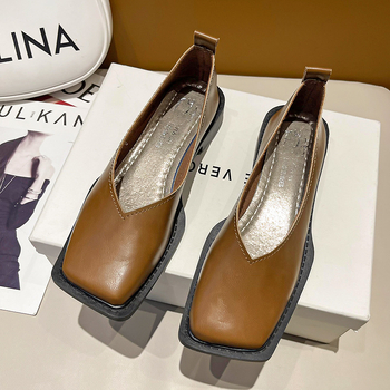 Дамски обувки с квадратен нос, нисък ток, синтетична кожа, PU стелка, гумена подметка, есенни, преппи стил