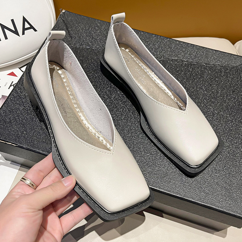 Дамски обувки с квадратен нос, нисък ток, синтетична кожа, PU стелка, гумена подметка, есенни, преппи стил