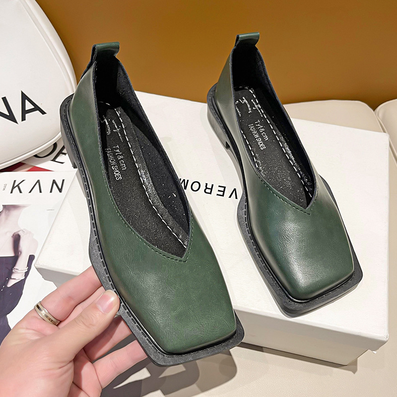 Дамски обувки с квадратен нос, нисък ток, синтетична кожа, PU стелка, гумена подметка, есенни, преппи стил