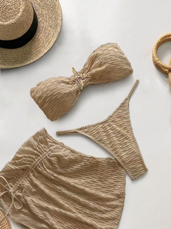 Женски тричастен бански комплект с подплатени чашки, еластичен полиестер, подплата 95% спандекс, без ръкави