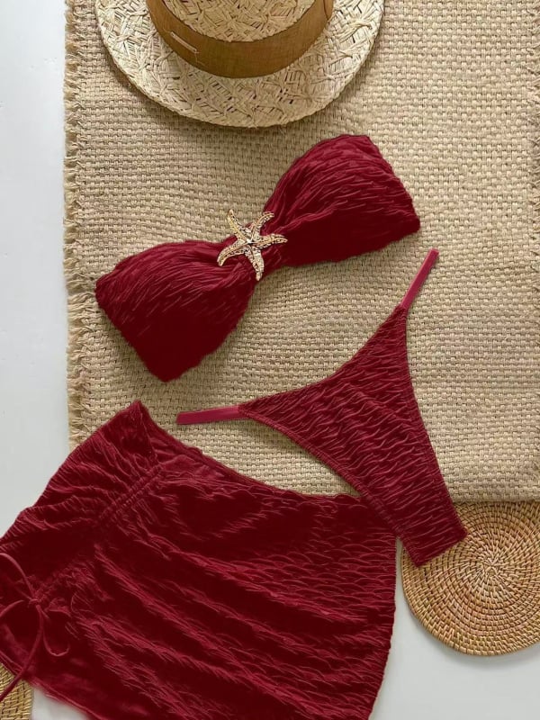 Женски тричастен бански комплект с подплатени чашки, еластичен полиестер, подплата 95% спандекс, без ръкави