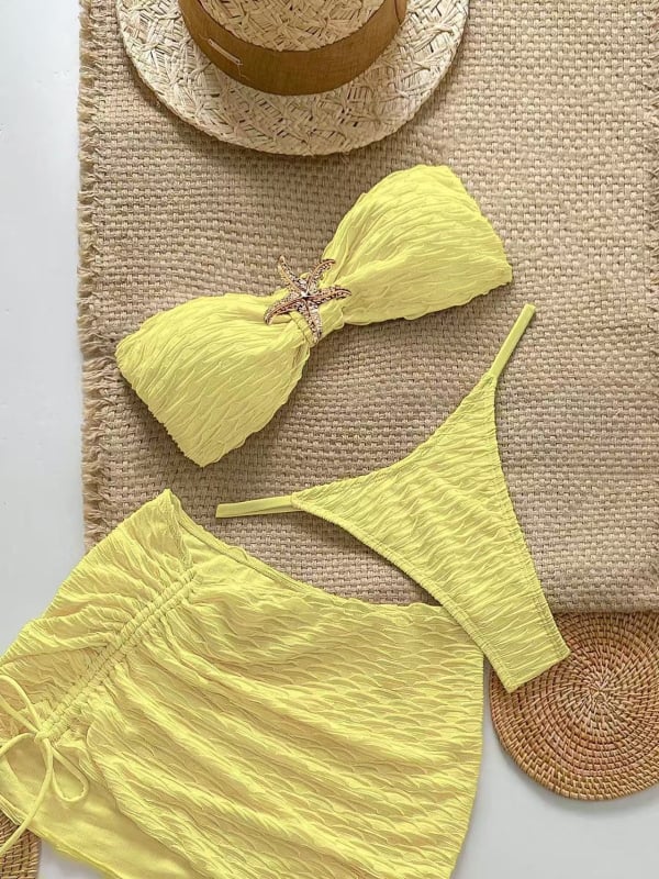 Женски тричастен бански комплект с подплатени чашки, еластичен полиестер, подплата 95% спандекс, без ръкави