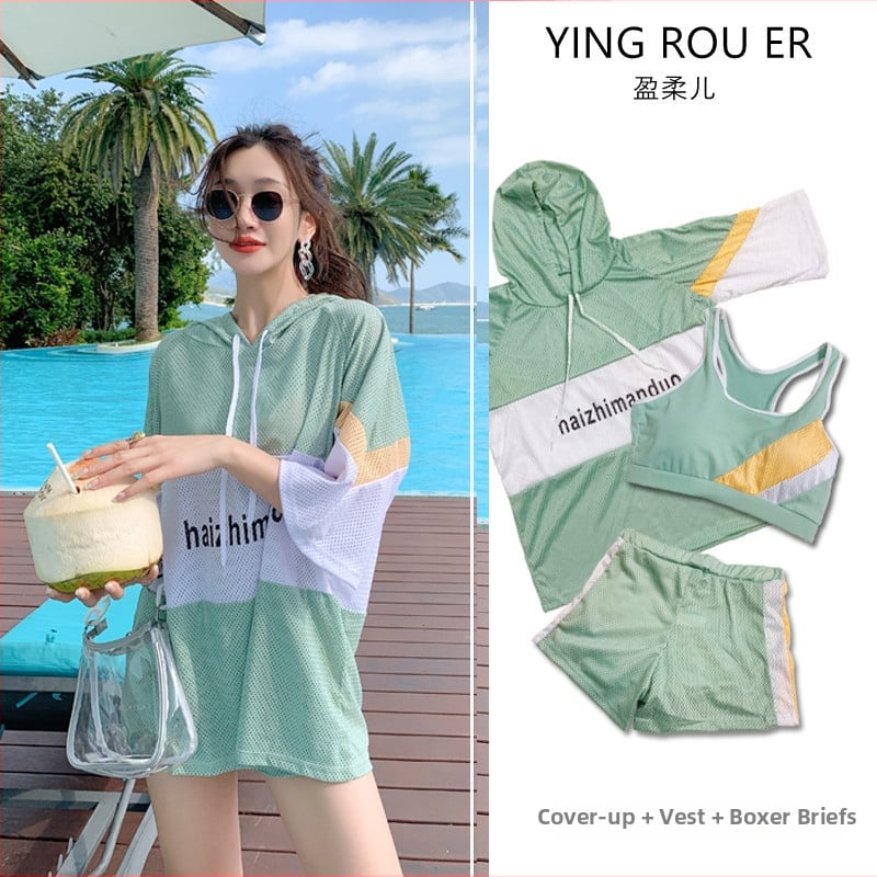 Дълъг ръкав, тричаст консервативен бански за жени с подплата за гърдите, полиестер с подплата от спандекс