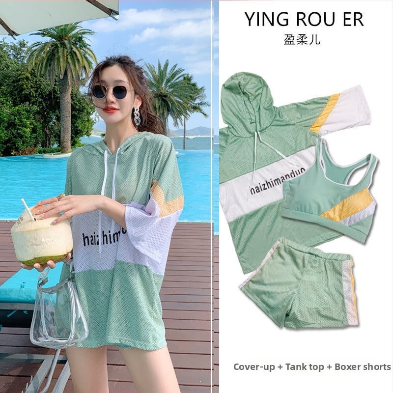 Дълъг ръкав, тричаст консервативен бански за жени с подплата за гърдите, полиестер с подплата от спандекс