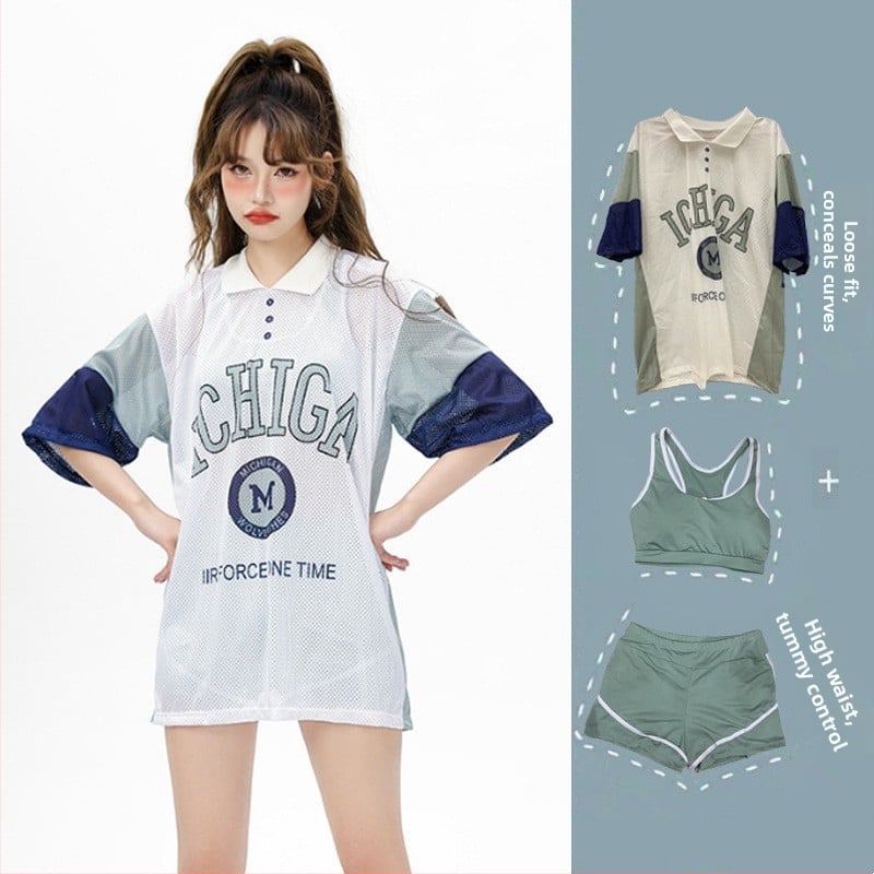 Дълъг ръкав, тричаст консервативен бански за жени с подплата за гърдите, полиестер с подплата от спандекс