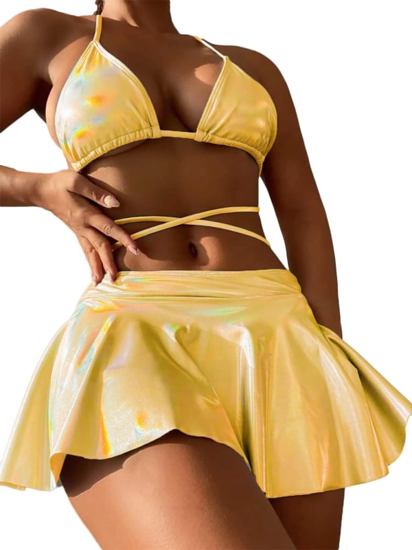 Бански комплект от три части за жени със подплънки в чашките, едноцветна полиестерна материя, 280 г, секси и стегната кройка