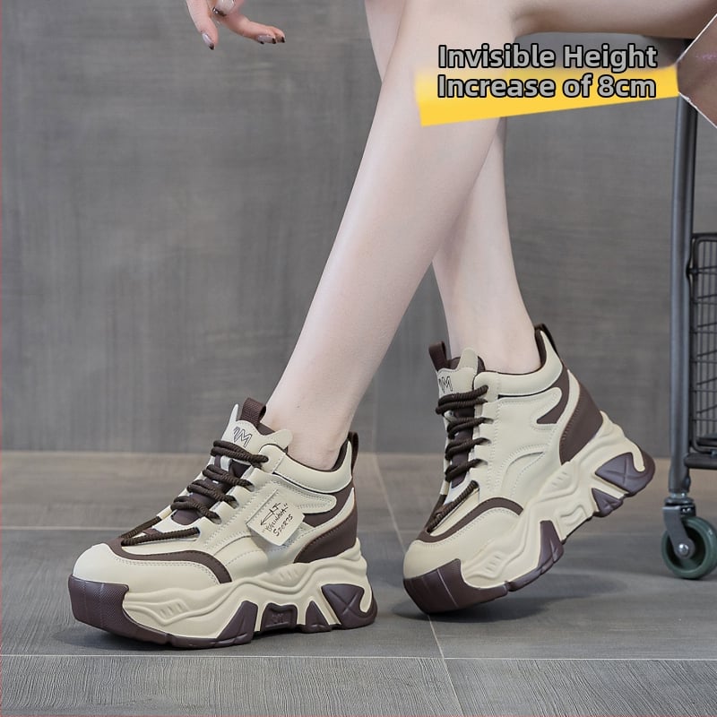 Дамски обувки с вътрешно повишаване на височината, висока горна част, цветово съчетаване, ежедневен casual стил, 6–8 cm ток, горна част от микрофибърна кожа, стелка от естествена кожа