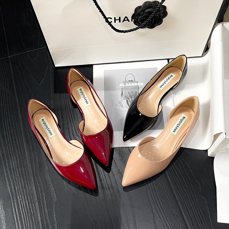 Дамски обувки с остър нос, нисък горен дизайн, горна част от суперфайбер, стелка от овча кожа, гумена подметка