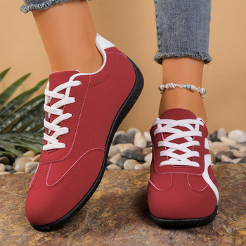 Дамски ежедневни равни обувки с връзки отпред – кръгла носка, горна част от изкуствена кожа, дишаща мрежеста подплата, плоска подметка, леко тегло.