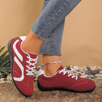 Дамски ежедневни равни обувки с връзки отпред – кръгла носка, горна част от изкуствена кожа, дишаща мрежеста подплата, плоска подметка, леко тегло.