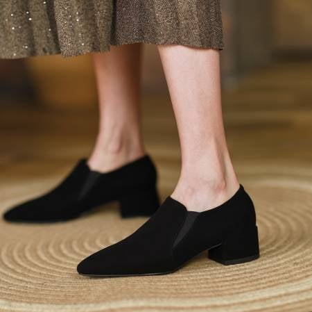 Дамски обувки с остър нос, овча кожа, среден ток 3–5 см, професионален стил, вътрешна свинска кожа
