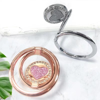 Suport pentru telefon cu inel dublu în formă de inimă, aliaj de zinc, braț telescopic retractabil, placare metalică, accent diamant