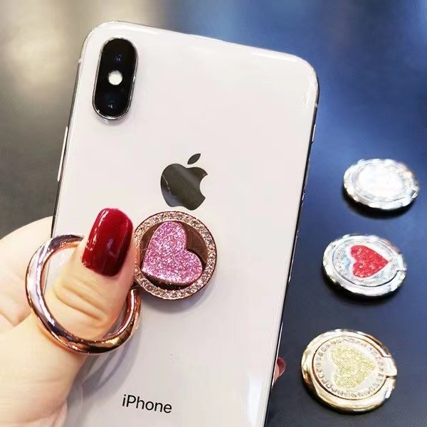 Suport pentru telefon cu inel dublu în formă de inimă, aliaj de zinc, braț telescopic retractabil, placare metalică, accent diamant