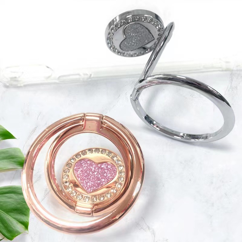 Suport pentru telefon cu inel dublu în formă de inimă, aliaj de zinc, braț telescopic retractabil, placare metalică, accent diamant