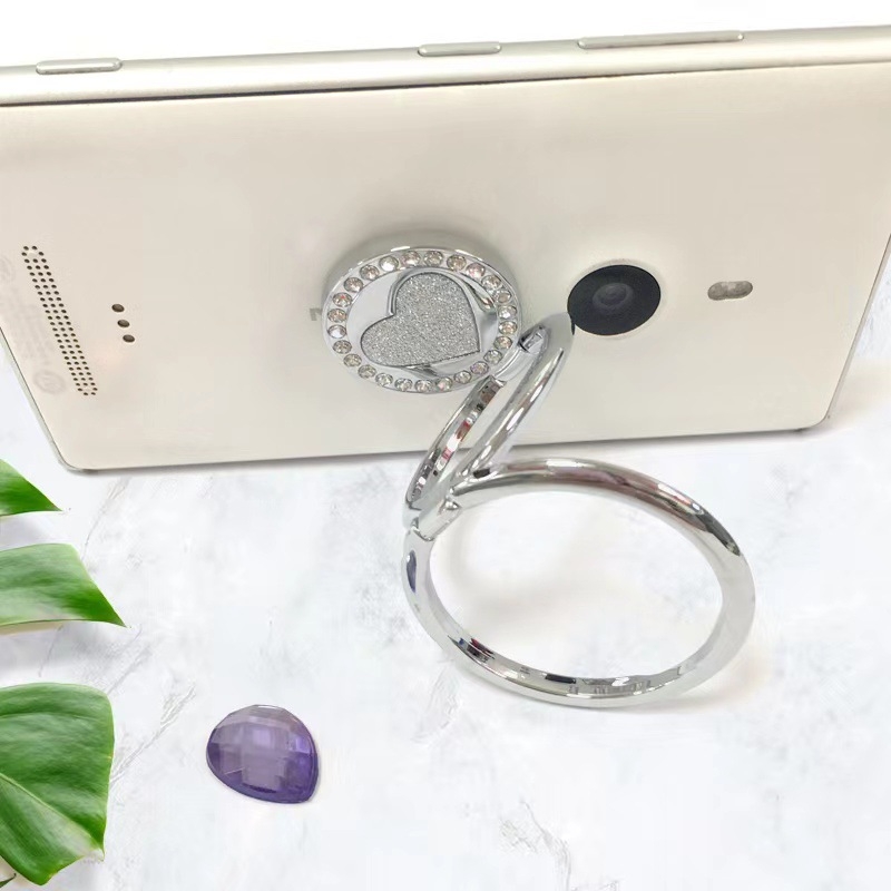 Suport pentru telefon cu inel dublu în formă de inimă, aliaj de zinc, braț telescopic retractabil, placare metalică, accent diamant