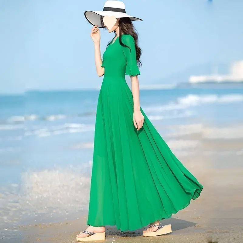 Rochie din chiffon cu decolteu în V, mâneci clopot, lungime midi, vară 2023