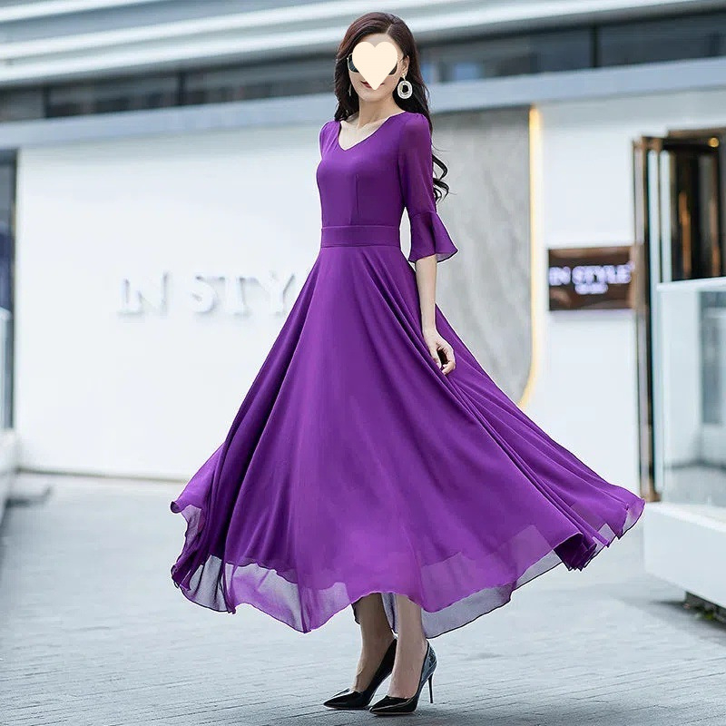 Rochie din chiffon cu decolteu în V, mâneci clopot, lungime midi, vară 2023