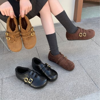 Мери Джейн обувки за жени – Зимен модел 2025, пухеста подплата, велурена външна част, кръгла носка, нисък плосък ток, катарама