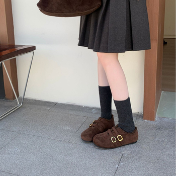 Мери Джейн обувки за жени – Зимен модел 2025, пухеста подплата, велурена външна част, кръгла носка, нисък плосък ток, катарама