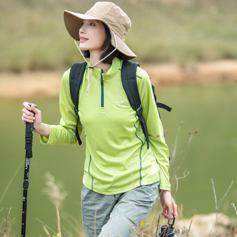 Tricou de damă cu guler înalt, uscare rapidă, mâneci lungi, absorbția umezelii, amestec de fibre sintetice