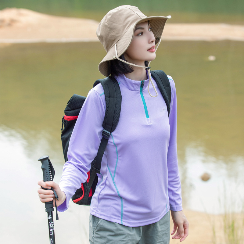 Tricou de damă cu guler înalt, uscare rapidă, mâneci lungi, absorbția umezelii, amestec de fibre sintetice