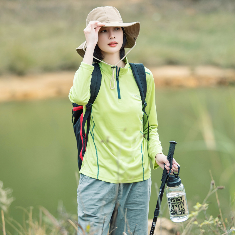 Tricou de damă cu guler înalt, uscare rapidă, mâneci lungi, absorbția umezelii, amestec de fibre sintetice