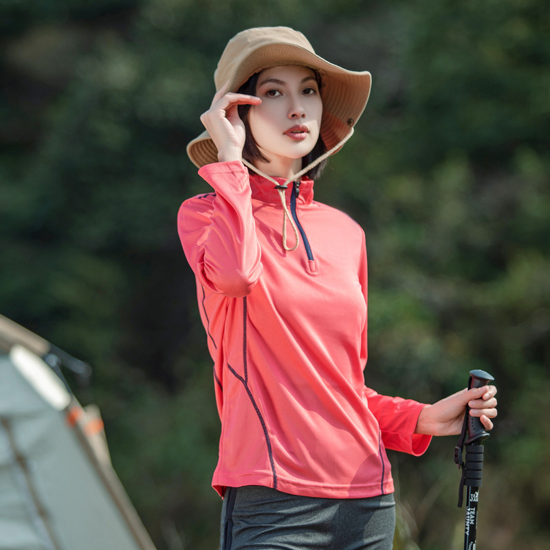 Tricou de damă cu guler înalt, uscare rapidă, mâneci lungi, absorbția umezelii, amestec de fibre sintetice