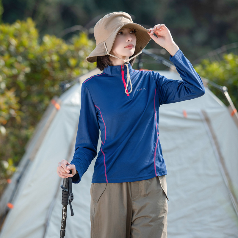 Tricou de damă cu guler înalt, uscare rapidă, mâneci lungi, absorbția umezelii, amestec de fibre sintetice