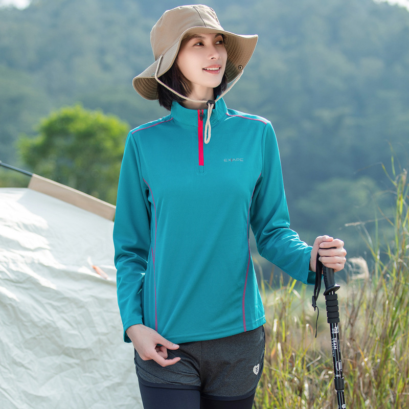 Tricou de damă cu guler înalt, uscare rapidă, mâneci lungi, absorbția umezelii, amestec de fibre sintetice