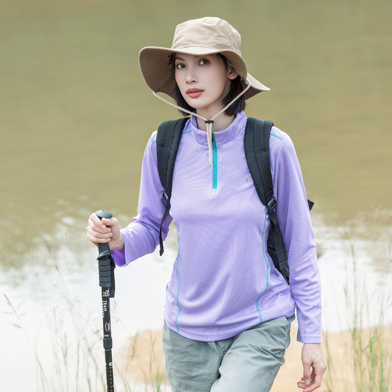 Tricou de damă cu guler înalt, uscare rapidă, mâneci lungi, absorbția umezelii, amestec de fibre sintetice