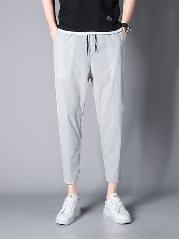 Pantaloni sport casual pentru bărbați, croi larg, lungime cropped, nailon elastic, uscare rapidă, închidere cu șnur